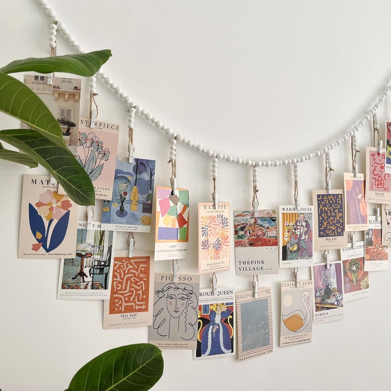 Kintyno Hanging Photo Display with 22 Clips, White Wooden Bead Garland, Boho Style Collage Photo Frame Decoration for Dorms, Classrooms, Bedrooms - Image 5